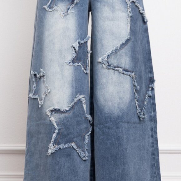 Pants - BVJ2 STAR PATCH WORK WIDE LEG DENIM STRETCHY PANTS